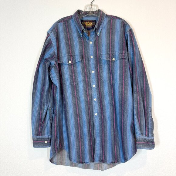 Ralph Lauren Vintage Chaps Shirt Blue Western Striped Button Down 90s Large - Picture 8 of 8